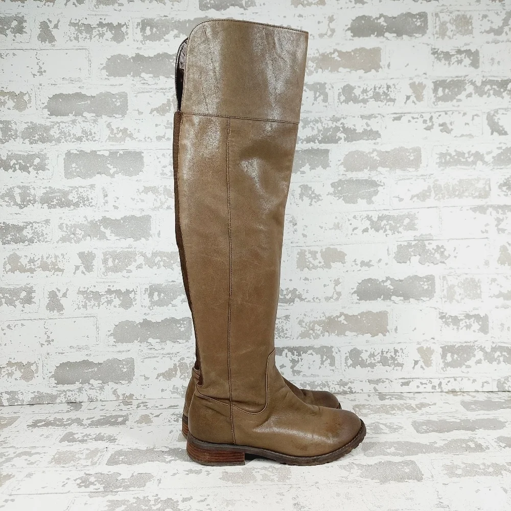 BP Brown Leather Side Zip Round Toe Low Heel Over the Knee Boots A768